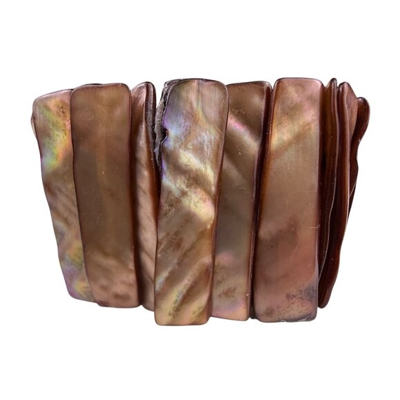 Mother-Of-Pearl Elastic Brown Wide Bracelet Striated Finish Stretchable Jewelry - Picture 3 of 4